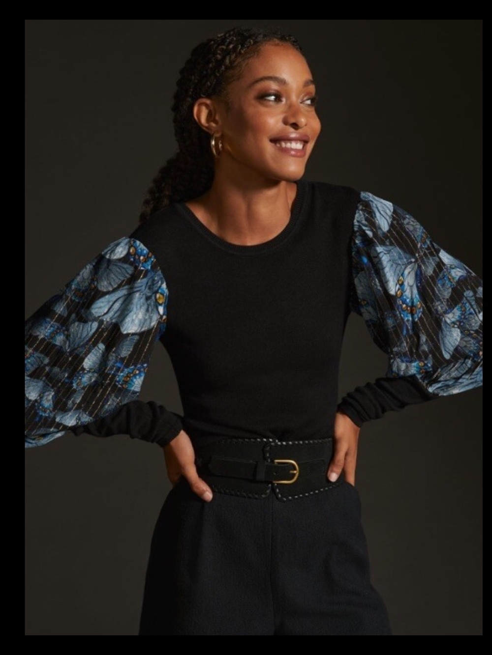 Blank London Black Top with Blue Printed Puff Sleeves - Anthropologie